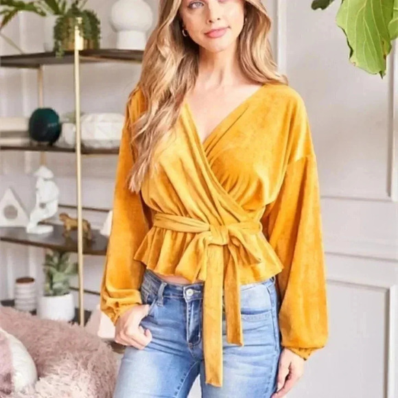 BOHO velour bishop sleeve belted MUSTARD TOP - Picture 4 of 7